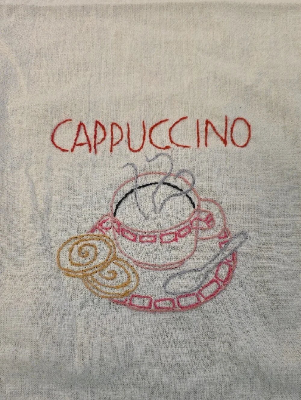 Embroidered Cappuccino Tea Towel - White with Red Accent